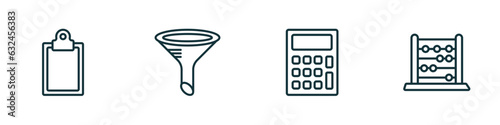 set of 4 linear icons from education concept. outline icons included blank clipboard, chemistry funnel, school calculator, abcus vector