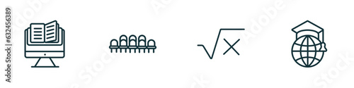 set of 4 linear icons from education concept. outline icons included studies, grandstand, square root in class, international graduate vector