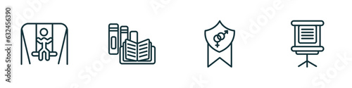 set of 4 linear icons from education concept. outline icons included swinging, book shop, fraternity, flip chart vector