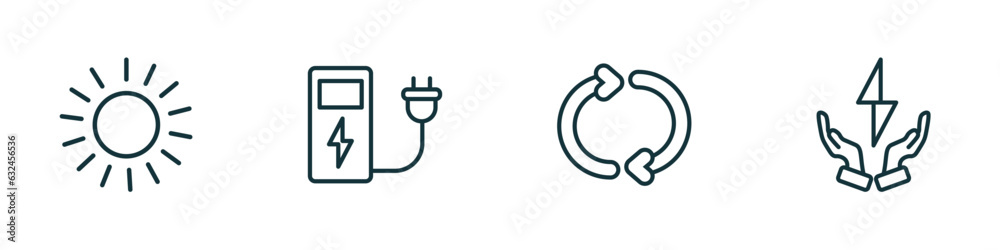set of 4 linear icons from ecology concept. outline icons included sunlight, electric station, recycle arrows, green energy source vector set of 4 linear icons from ecology concept. outline icons included sunlight, electric station, recycle arrows, green energy source vector