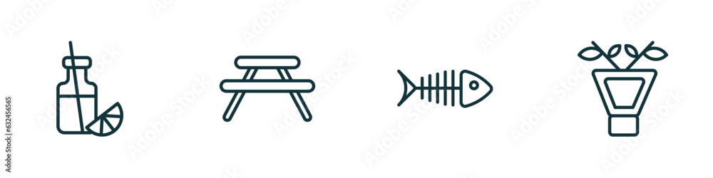 set of 4 linear icons from drinks concept. outline icons included juice bottle, picnic table, fish skeleton, irish sour vector