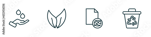 set of 4 linear icons from ecology concept. outline icons included raindrop on a hand, two leaves, recycled paper, recycle bin vector