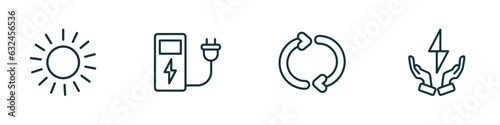 set of 4 linear icons from ecology concept. outline icons included sunlight, electric station, recycle arrows, green energy source vector