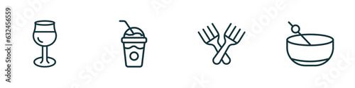 set of 4 linear icons from drinks concept. outline icons included glass of wine, frappuccino, forks, greyhound drink vector