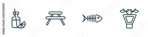 set of 4 linear icons from drinks concept. outline icons included juice bottle, picnic table, fish skeleton, irish sour vector