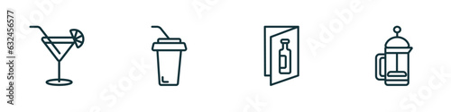 set of 4 linear icons from drinks concept. outline icons included cosmopolitan, soft drink, wine list, french press vector