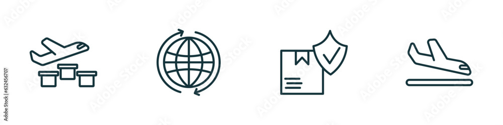 set of 4 linear icons from delivery and logistic concept. outline icons included delivery by plane, worldwide, logistic protection, arrival vector set of 4 linear icons from delivery and logistic concept. outline icons included delivery by plane, worldwide, logistic protection, arrival vector