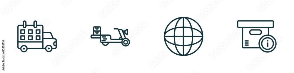 set of 4 linear icons from delivery and logistic concept. outline icons included delivery schedule, scooter delivery, earth grid, info vector set of 4 linear icons from delivery and logistic concept. outline icons included delivery schedule, scooter delivery, earth grid, info vector