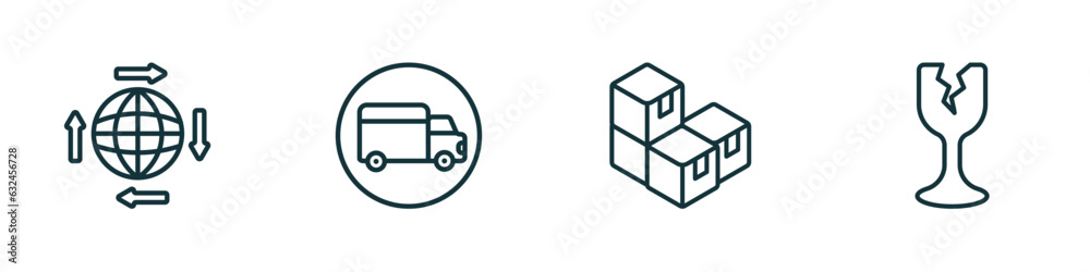 set of 4 linear icons from delivery and logistic concept. outline icons included distribution, shipping, packages, fragile vector