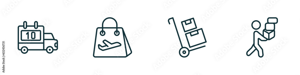 set of 4 linear icons from delivery and logistic concept. outline icons included delivery scheduled, duty free, package on trolley, delivery man vector