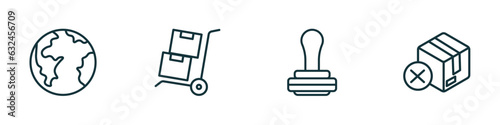 set of 4 linear icons from delivery and logistic concept. outline icons included planet earth, freight, pisco sour, delivery cancelled vector