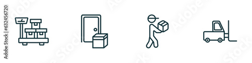 set of 4 linear icons from delivery and logistic concept. outline icons included delivery weighing, on door delivery, courier, forklift vector