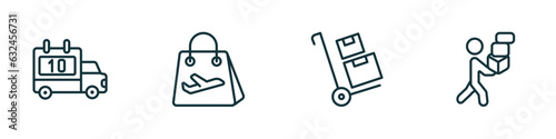 set of 4 linear icons from delivery and logistic concept. outline icons included delivery scheduled, duty free, package on trolley, delivery man vector