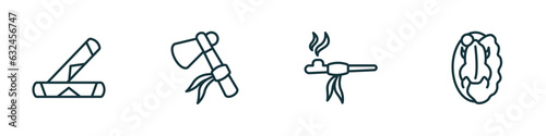 set of 4 linear icons from culture concept. outline icons included spring rolls, native american axes, pipe of peace, beijing roast duck vector