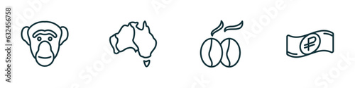 set of 4 linear icons from culture concept. outline icons included chimp face of brazil, australian continent, coffee grains, ruble vector
