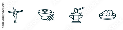 set of 4 linear icons from culture concept. outline icons included capoeira brazil dancers, ajoblanco, blacksmith, onion patties vector