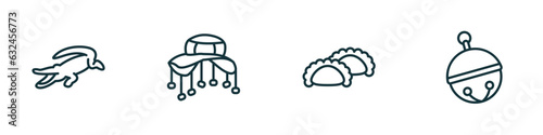 set of 4 linear icons from culture concept. outline icons included australian alligator, cork hat, meat pie, sleigh bell vector