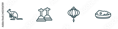 set of 4 linear icons from culture concept. outline icons included australian kangaroo, cemetery, chinese lantern, sweet and sour pork vector