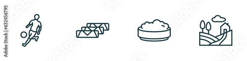 set of 4 linear icons from cultures concept. outline icons included brazil soccer player, egg roll, rice pudding, tuscany vector