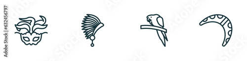 set of 4 linear icons from culture concept. outline icons included brazil carnival mask, indian headdress, aw on a branch, australian boomerang vector