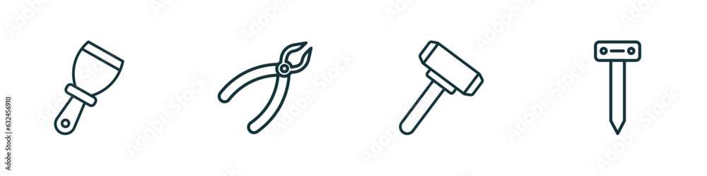 set of 4 linear icons from construction tools concept. outline icons included putty knife, repair pliers, sledge hammer, boning rod vector