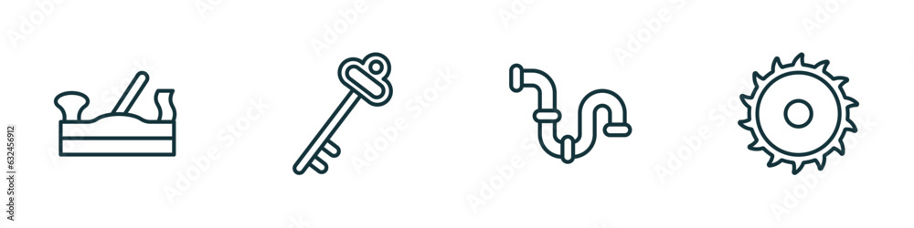 set of 4 linear icons from construction tools concept. outline icons included jack plane, antique key, plumbing pipes, blade saw vector