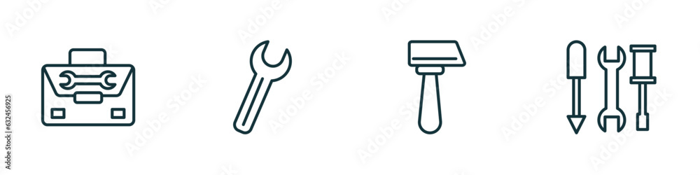 set of 4 linear icons from construction concept. outline icons included tool bag, spanner, inclined hammer, three tools vector set of 4 linear icons from construction concept. outline icons included tool bag, spanner, inclined hammer, three tools vector