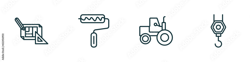 set of 4 linear icons from construction concept. outline icons included construction plan, roller and paint, steamroller, pulley hook vector set of 4 linear icons from construction concept. outline icons included construction plan, roller and paint, steamroller, pulley hook vector