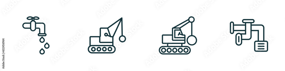 set of 4 linear icons from construction concept. outline icons included stopcock, demolition, derrick with ball, adjustment system vector set of 4 linear icons from construction concept. outline icons included stopcock, demolition, derrick with ball, adjustment system vector
