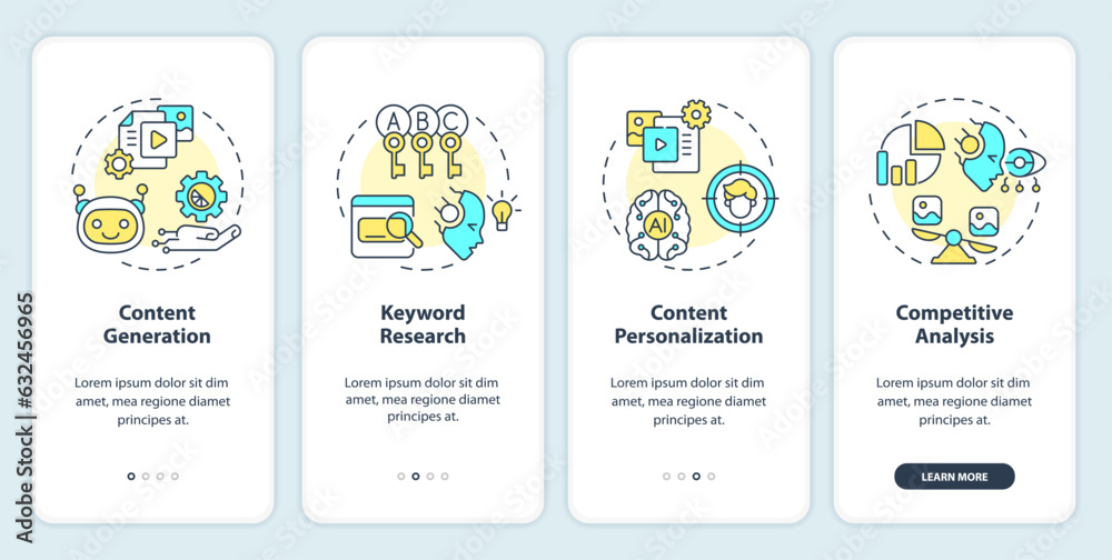 2D icons representing AI for SEO mobile app screen set. Walkthrough 4 steps colorful graphic instructions with linear icons concept, UI, UX, GUI template.