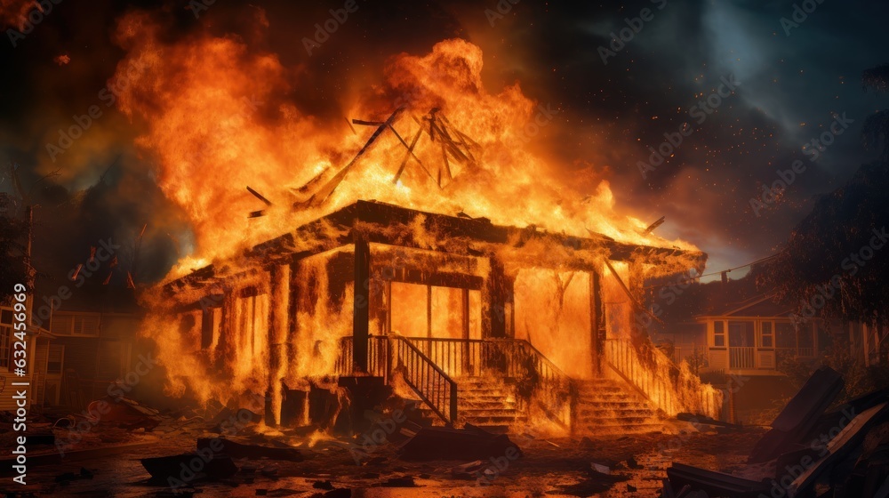 House on Fire Accident, Burning House Background, Home Insurance Concept
