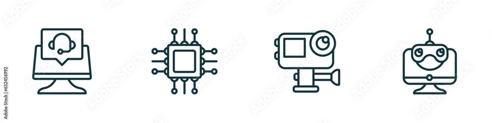 set of 4 linear icons from computer concept. outline icons included online support, computer micro chip, action camera, robotic vector