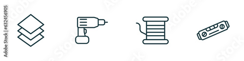 set of 4 linear icons from construction tools concept. outline icons included tiles, hand drill, copper, plumb rule tool vector