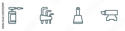 set of 4 linear icons from construction tools concept. outline icons included blowtorch, allen keys, bolster, anvil vector