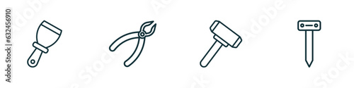 set of 4 linear icons from construction tools concept. outline icons included putty knife, repair pliers, sledge hammer, boning rod vector