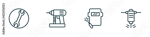 set of 4 linear icons from construction concept. outline icons included round wrench, nail gun, welding, hydraulic breaker vector