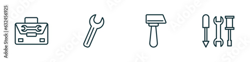 set of 4 linear icons from construction concept. outline icons included tool bag, spanner, inclined hammer, three tools vector