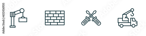 set of 4 linear icons from construction concept. outline icons included derrick with boxes, brickwall, screwdrivers, truck with crane vector