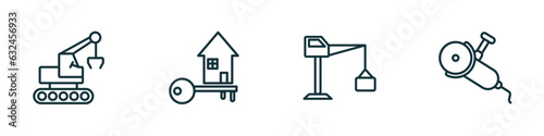 set of 4 linear icons from construction concept. outline icons included derrick with tong, home key, big derrick with boxes, grinder vector