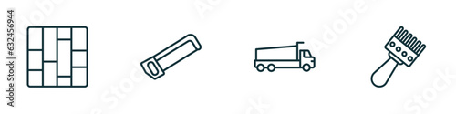 set of 4 linear icons from construction concept. outline icons included paving, hacksaw, tipper, sand brush vector