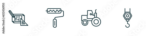 set of 4 linear icons from construction concept. outline icons included construction plan, roller and paint, steamroller, pulley hook vector