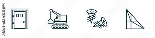 set of 4 linear icons from construction concept. outline icons included big door, derrick with box, two screws, joist vector