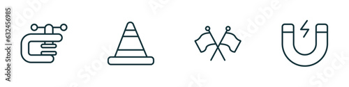 set of 4 linear icons from construction concept. outline icons included vise, road stopper, flags crossed, inclined magnet vector