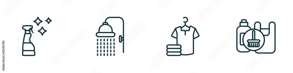 set of 4 linear icons from cleaning concept. outline icons included glass cleaner, shower head, laundry, garbage cleanin vector set of 4 linear icons from cleaning concept. outline icons included glass cleaner, shower head, laundry, garbage cleanin vector