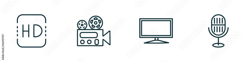 set of 4 linear icons from cinema concept. outline icons included hd, film viewer, flat tv, movie microphone vector set of 4 linear icons from cinema concept. outline icons included hd, film viewer, flat tv, movie microphone vector