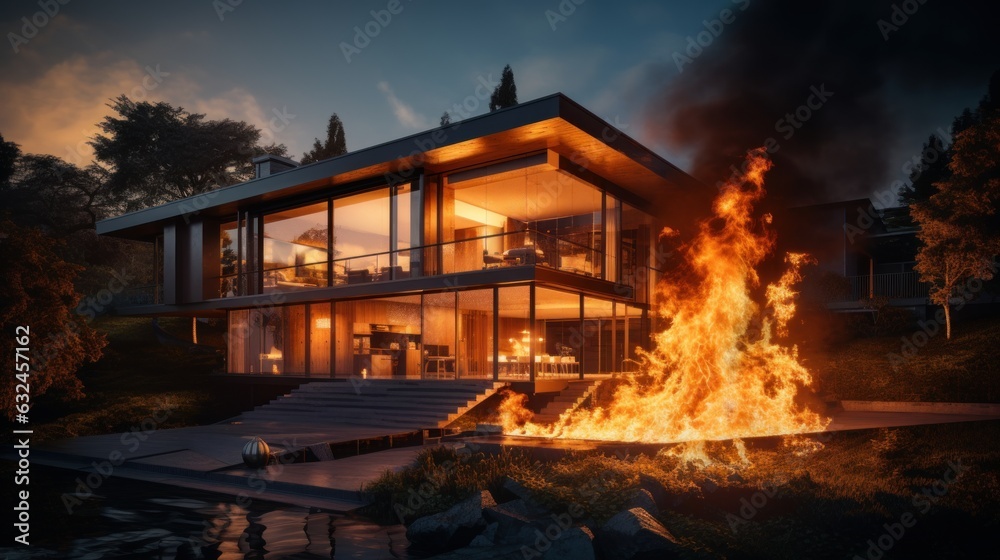 Modern House on Fire Accident, Burning House Background, Home Insurance Concept Modern House on Fire Accident, Burning House Background, Home Insurance Concept