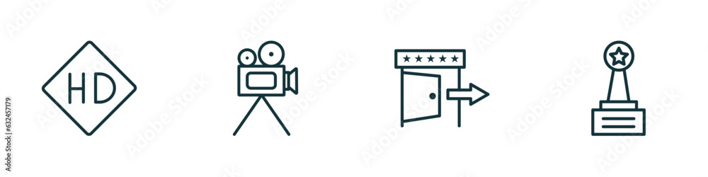 set of 4 linear icons from cinema concept. outline icons included hd video, movie camera, cinema exit, movie award vector set of 4 linear icons from cinema concept. outline icons included hd video, movie camera, cinema exit, movie award vector