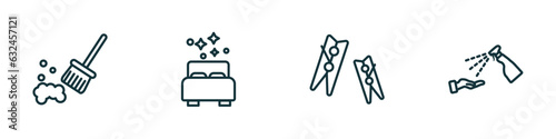 set of 4 linear icons from cleaning concept. outline icons included sweeping, clean room, clothes peg, sterilization vector
