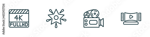 set of 4 linear icons from cinema concept. outline icons included 4k fullhd, famous cinema star, old projector, home theater vector