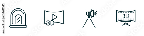 set of 4 linear icons from cinema concept. outline icons included cinema ticket window, 3d video, cinema light source, 3 dimension screen vector